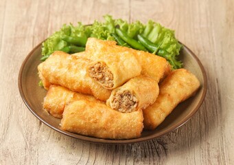 Sosis solo. Solo sausage is a typical food from the city of Solo, Central Java province, made from ground beef or chicken and then wrapped in an omelet.