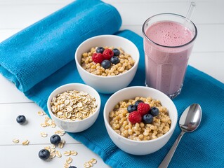 Healthy Breakfast Spread: A vibrant and inviting display of nutritious breakfast items, featuring oatmeal, fresh berries, and a smoothie, arranged on a striking blue background.