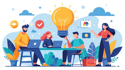 Illustration of a team brainstorming with a large lightbulb representing a bright idea at the center