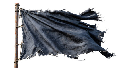 A tattered, black flag flies dramatically on a rusty pole, frayed and worn against a dark backdrop.