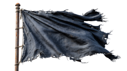 A tattered, black flag flies dramatically on a rusty pole, frayed and worn against a dark backdrop.