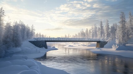 A serene winter landscape with a bridge over a river.