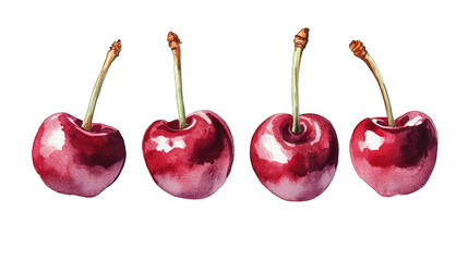 A Watercolor Painting Of Four Red Cherries Each With A Green Stem And Leaf Arranged In A Row Against A Transparent Background