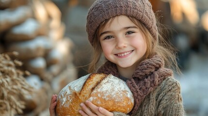 A young girl holding a loaf of bread, smiling with gratitude