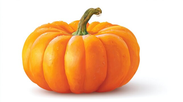 Orange pumpkin rests on white surface, ribbed with a light green stem - Powered by Adobe