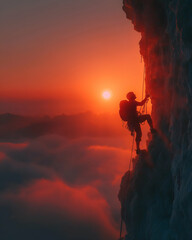 Fototapeta premium Man climbing mountain cliff during dramatic sunset over cloudscape. Mock up promotion information for marketing announcements and details, blank white space