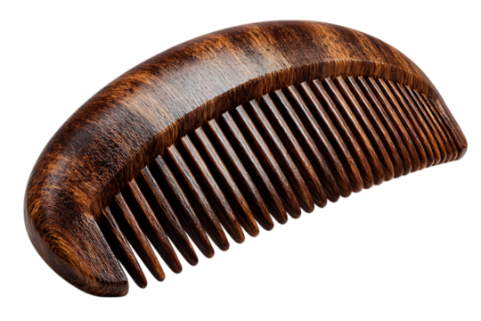 Close up of a natural wood comb with fine teeth for hair styling isolated on transparent background