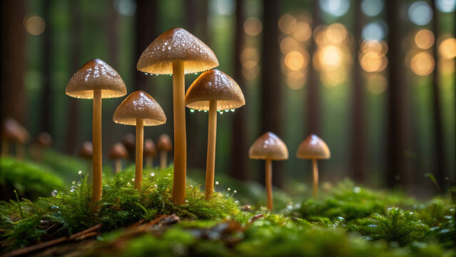 Psilocybin concept ,Mushroom forest moss dew drops sunlight bokeh natural close up nature beauty - Powered by Adobe