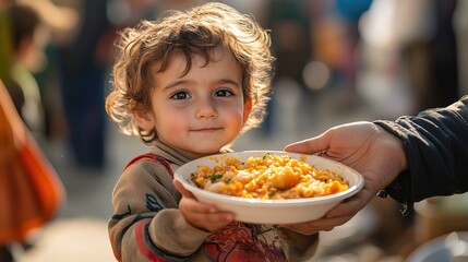 A young child receiving a bowl of hot food from a relief volunteer