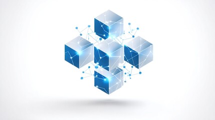 Interconnected metallic cubes with shining nodes, against a plain white background