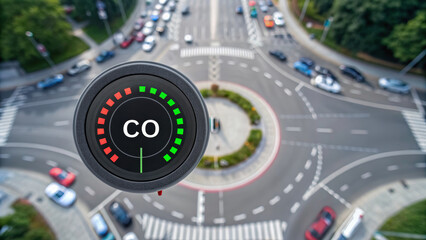 CO2 Levels concept ,Carbon monoxide meter floating above busy traffic roundabout showing pollution level in city