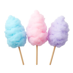 Three colorful cotton candy treats in blue pink and purple isolated on transparent background