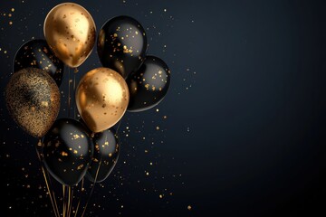 Naklejka premium Realistic black and gold balloons floating over dark background, stylish sale theme