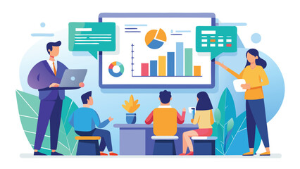 Presentation meeting with bar graph pie chart and team discussion in a modern office setting