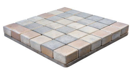 A sample of square paving stones in shades of grey and beige, isolated on transparent background