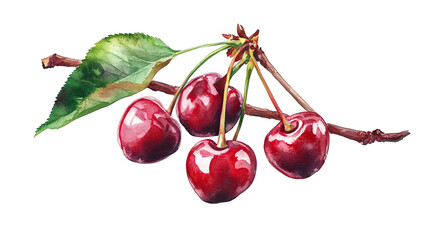 A Watercolor Painting Of A Branch With Four Red Cherries And A Green Leaf The Cherries Are Glossy And Juicy While The Leaf Is Green And Vibrant The Branch Is Brown And Slender