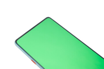 Light teal colored smartphone with a bright lime green screen.