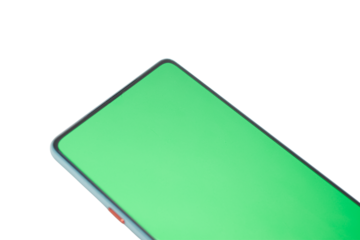 Light teal colored smartphone with a bright lime green screen.