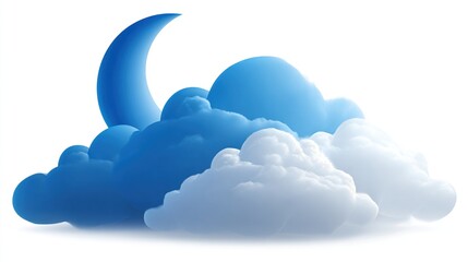 Stylized crescent moon sits behind fluffy blue and white gradient clouds