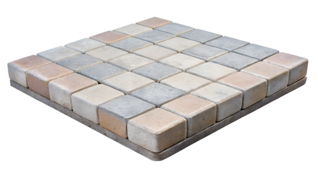 A sample of square paving stones in shades of grey and beige, isolated on transparent background
