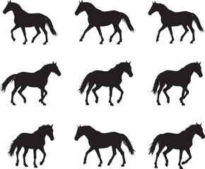 Horse Silhouettes: Elegant Black Stallion and Mare Poses, Dynamic Action, Graphic Vector Illustration.