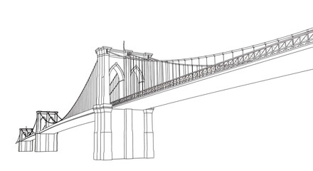 Brooklyn Bridge Sketch: Detailed Line Art Depicts Famous Landmark Against White Background, Representing Architecture and Engineering with Copy Space.