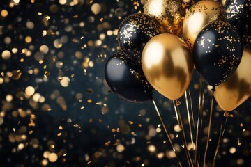 Promotional background with confetti shower, gold balloons, and black theme