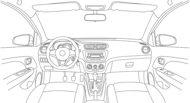 Car Interior Sketch: Illustrating the dashboard and seating in a vehicle from a front-view perspective, with a clean, modern design and technical drawing style.