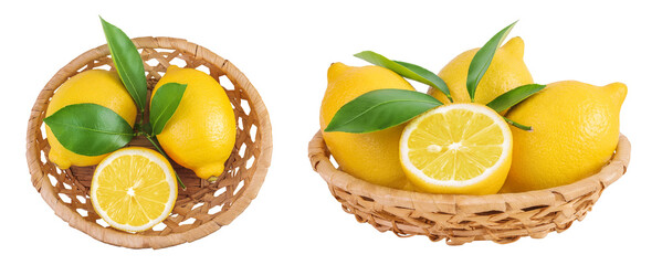 Ripe lemons in wicker basket isolated on white background. Top view. Flat lay.