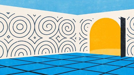 Illustration of a room with patterned walls blue tiled floor and an arched yellow doorway in the corner