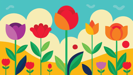 vibrant floral garden with tulips and roses flat vector art