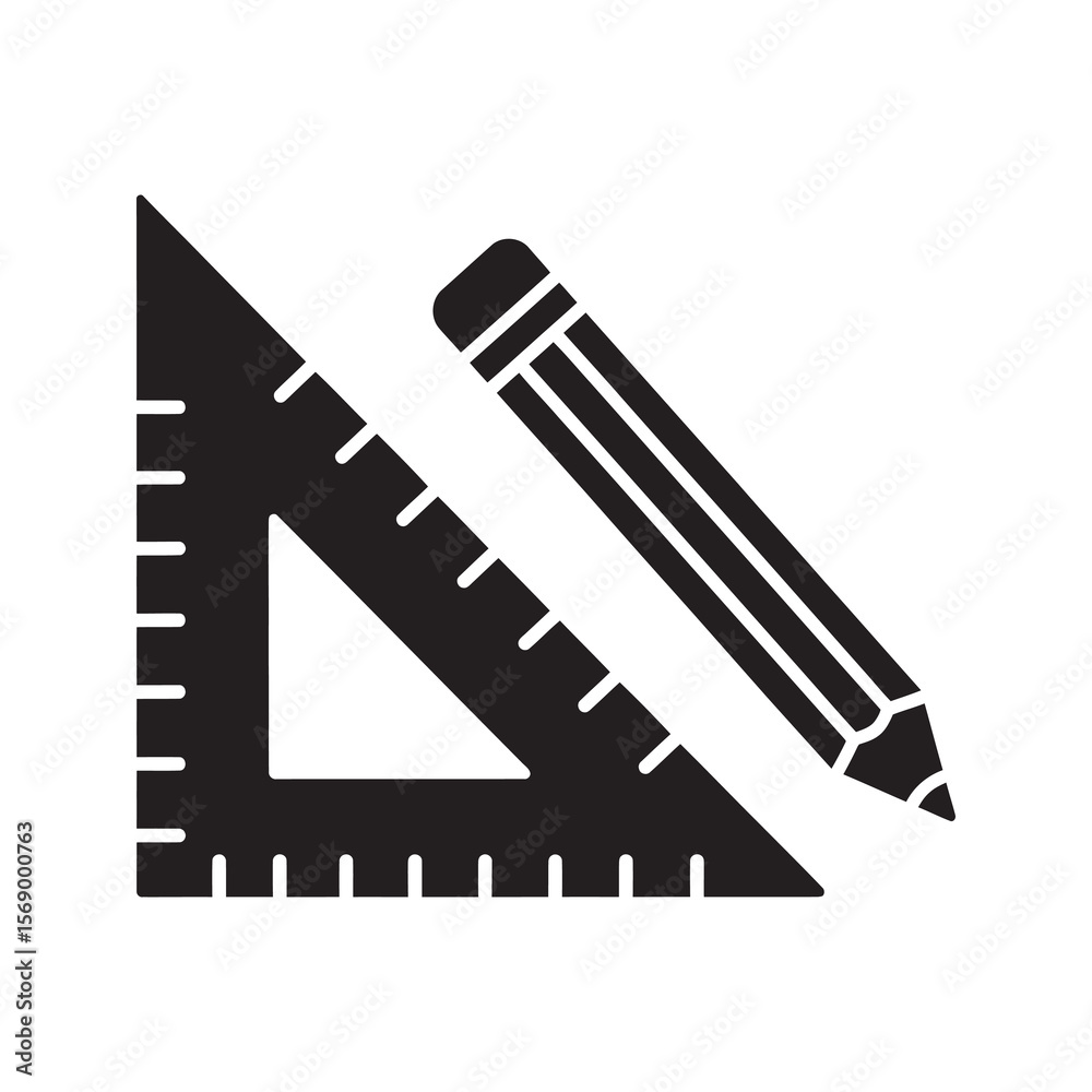 Poster drafting tools icon with triangle ruler and pencil for architecture drawing engineering design and p