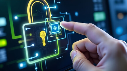 Key chip technology concept ,Digital key chip interface security concept with hand touching screen for access control