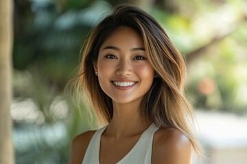 Positive energy photo of Asian woman with friendly smile and strong posture, ad campaign style