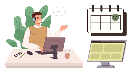 Professional user in headset interacting while sitting at desk with desktop, calendar, speech bubble, plants. Ideal for customer service, scheduling, organization, business communication