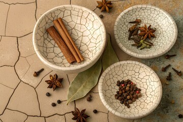 Overhead view of ceramic spice bowls arranged on cracked earth surface, showcasing cinnamon sticks, star anise, bay leaves, peppercorns, and cloves