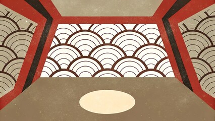 Contemporary Design with Vibrant Red and Black Color Scheme and Ornamental Fan Patterns