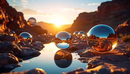Glowing geometric orbs hovering above a hyper-saturated canyon floor, casting bright reflections on polished digital terrain.