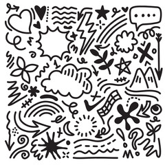 Hand drawn marker simple elements set. Doodle pen signs and effects. thunderbolt, star, glitter, icons, heart, floral objects. Decorative pencil curved symbols and shape.
