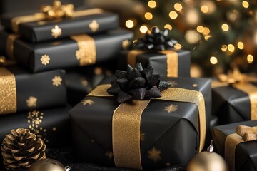 Pile of luxury black and gold wrapped Christmas gifts in mid-fall, elegant festive scene