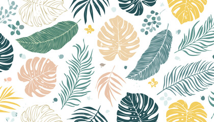 Modern trendy floral seamless pattern. Hand drawn brush abstract line tropical leaves. Contemporary vintage print.leaf, textile, abstract, illustration, modern, template, design, flower, nature, 