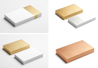 Photo of stacks of business cards with gold and copper edges isolated on white background