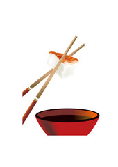 Chopsticks with sushi and a bowl of soy sauce