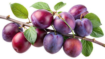 Ripe Plums Hanging on a Branch with Green Leaves, Fresh Fruit