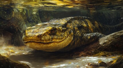Prehistoric amphibian resting on a log in a riverbed.