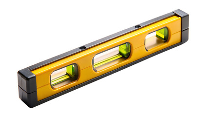 A yellow and black plastic level, isolated on transparent background, ready for precise measurements