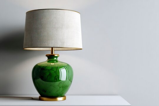 Green lamp with a white shade atop a white surface casting soft shadows