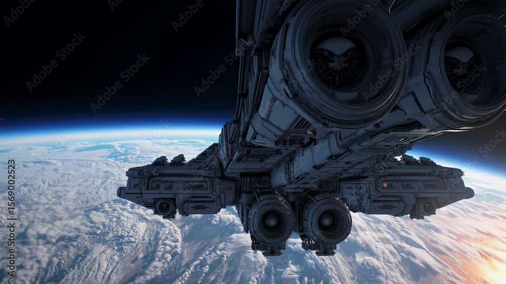 Wall mural large spaceship with powerful engines is orbiting a planet covered in thick clouds, offering a stunn