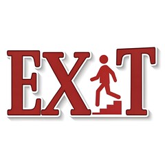 Emergency Exit Red Sign with Silhouette Person Walking Down Stairs on Clean White Background
