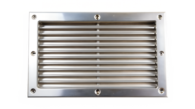 A rectangular metal ventilation grill, isolated on transparent background, shows parallel lines and a clean, modern design